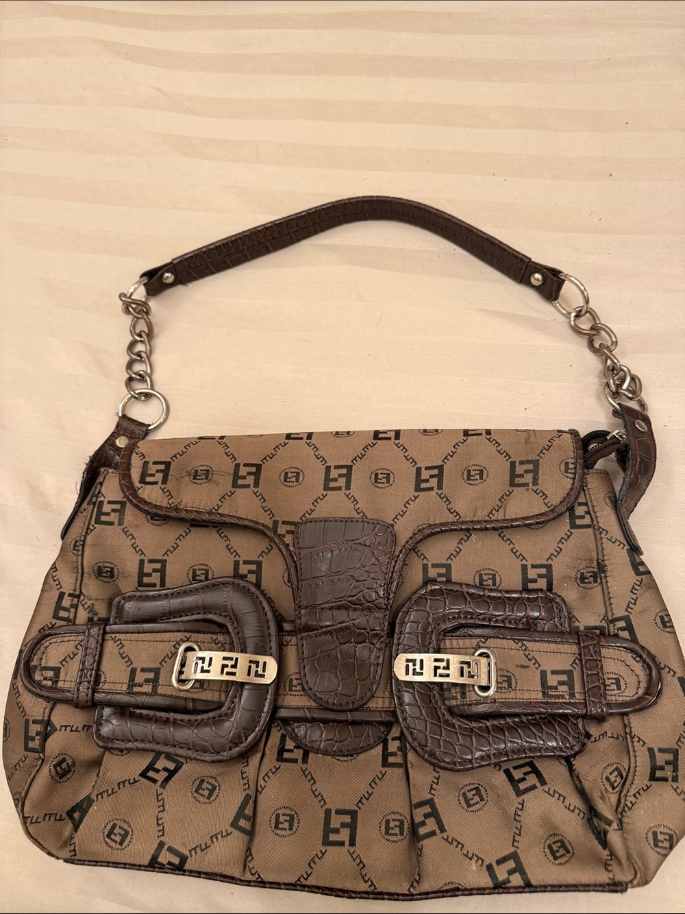 Brown Monogram Shoulder Bag with Croc-Embossed Trim